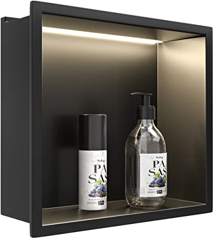 Bernkot Nicho de Ducha de Pared de Acero Inoxidable con Tira de Luz LED, 30 cm x 30 cm, Impermeable, No Requiere Azulejos, Almacenamiento de Baño, Nicho Fácil de Instalar, Negro Mate