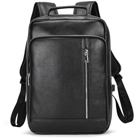 Genuine Leather Backpack Men Casual Daypack 15.6 Inch Laptop Rucksack Business Travel Outdoor Shoulder Bag with Trolley Sleeve (Black)
