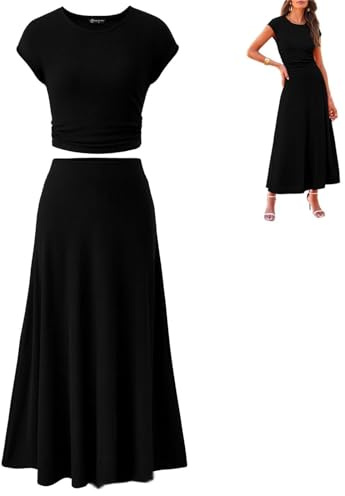REINNAT Solnedgång ros kjol set, kvinnor tvådelad kjol set casual ribbad stickad rund hals kort, sommar tvådelad kjol set