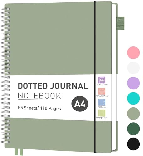 RETTACY Quaderno A4 a Puntini, Bullet Dot Journal, Blocco Leggero da College, 55 Fogli / 110 Pagine per Scrivere, 100gsm, Copertina in PVC, per Donne Uomini Lavoro Ufficio, 21,5 x 27,9 cm - Verde