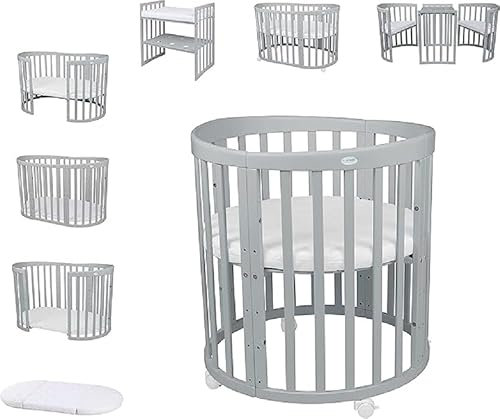 Waldin Oval Baby-Bett Mitwachsend Komplett Set 7in1, Gitterbett, Kinderbett mit Matratze, Wickelkommode, Beistellbett, Holz Olive