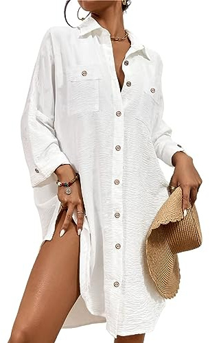 Bsubseach Womens Modern Swimsuit Cover Up Blouse Button Down Shirt Dresses Tops White XXL