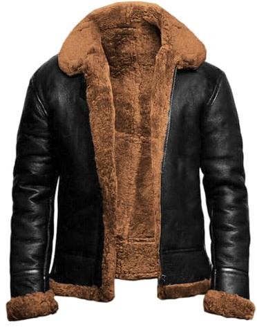 FGRID Men's Sheepskin Leather Jacket with Fur Collar, Vintage Lapel Fleece Lined Faux Fur PU Overcoat Warm Zip Up Leather Short Biker