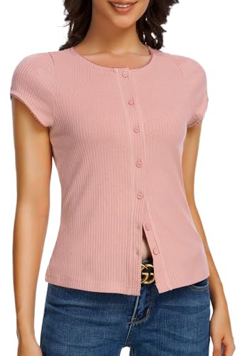 ADORPOP Tee Shirt Femme Été - Blouse à Manches Courtes Boutonnée Col Rond Top Chic Rose X-Large