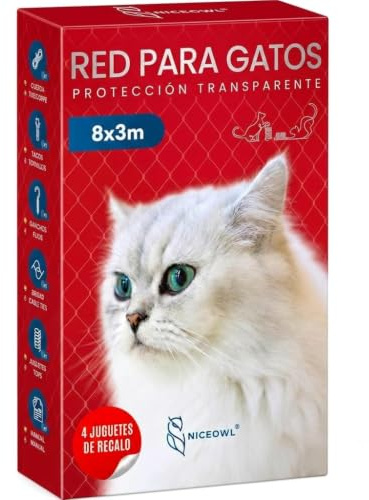NICEOWL Rete per Gatti I Trasparente I 8x3m I Giocattolo Regalo I Rete per Gatti Balcone Trasparente I Rete Balcone per Gatti | Rete Protezione Balcone e Finestra per Gatti