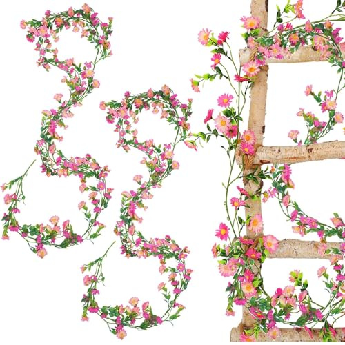 TREABEAR 2PCS Fleurs Artificielles Deco Guirlande Marguerite Rose Rouge, 175cm Plantes Artificielles Interieur, Plante Artificielle Tombante, Decoration Mariage Marguerit Artificiel Deco Printemps