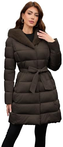 PAPILLON D'OR Damen Langer Puffermantel mit Gürtel, Kapuze & Pelzfutter - Knielange Winterjacke mit zwei Reißverschlusstaschen