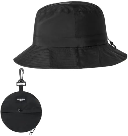 xwnyzw Black Waterproof Bucket Hat, Waterproof Hats for Men Foldable Black Hat Mens, Wide Brim Caps for Men Adjustable Chin Stra, Lightweight Ladies Waterproofs Hats Suitable Fishing Hiking