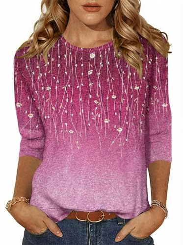 Zeagoo Camiseta de Mujer Blusa de Manga 3/4 Tops básica con Cuello Redondo Casual Trabajo Primavera Verano Rosa XL