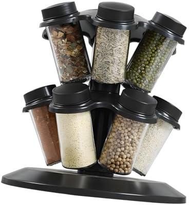Geavonyg Soporte Giratorio para Condimentos Color Negro 12 Contenedores De Vidrio Apilable Eficiente para Gabinete De Cocina Almacenamiento De Especias Carrusel