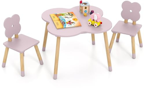COSTWAY Kindertisch mit 2 Stühlen in Blumenform, 3 teilige Kindersitzgruppe mit FSC nachhaltigen Kiefernholzbeinen, Maltisch Spieltisch, Basteltisch für Kinder ab 3 Jahren (Rosa)