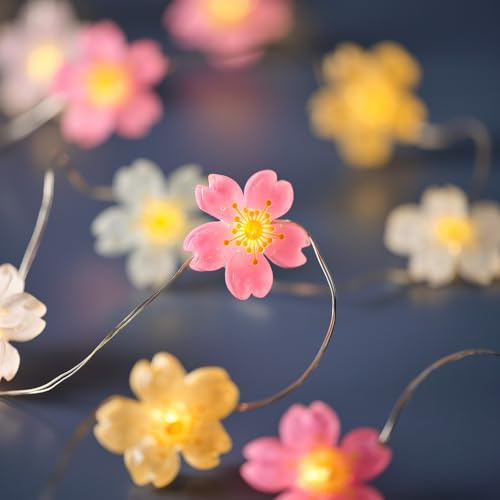 Lights4fun Pastel Flower Micro String Lights with Warm White LEDs, Battery Operated Floral Fairy Lights for Bedroom Décor & Spring Home Styling
