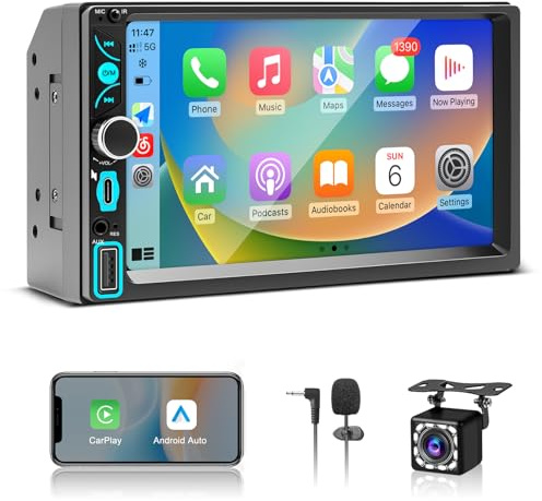 Autoradio 2 DIN Compatibile con Wireless Carplay & Android Auto, 7 Pollici Touchscreen Stereo Auto Bluetooth con Schermo, Radio con Mirror Link, FM, AM, RDS, EQ, Mic, Type-C, Telecamera Posteriore