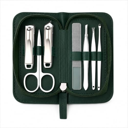 Mulbijeo Kit de Manicura de 7 Piezas – Tijeras para Uñas, Tijeras para Cutículas, Cortaúñas para Pies y Manos, Limpiador de Uñas, Pinzas, Lima de Uñas de Vidrio， Verde Oscuro