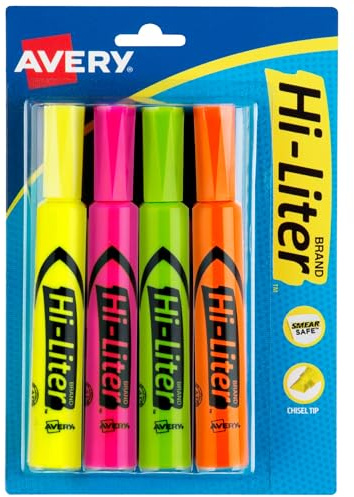 Avery Hi-Liter Desk-Style Highlighters, Smear Safe Ink, Chisel Tip, 4 Assorted Color Highlighters (24063)