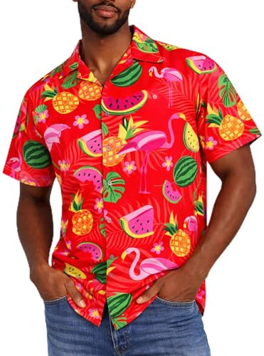 KING KAMEHA Camisa hawaiana para hombre, camisa hawaiana tropical de manga corta con estampado de flamenco y melón