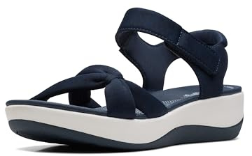 Clarks Women's Arla Shore Flat Sandal, Navy Textile, 9.5 Wide US