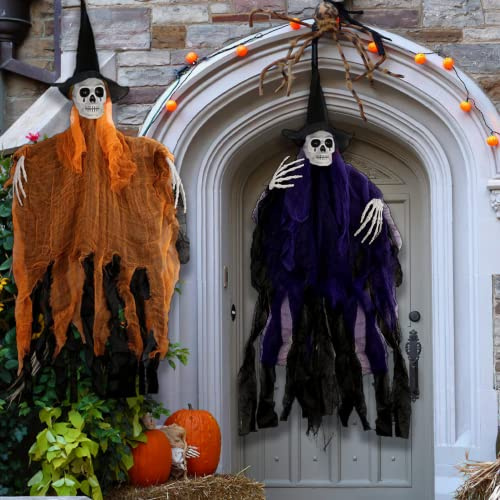 Halloween Decoration Effrayante,105*80cm Suspendu Fantôme de Faucheuse 2 Pièces Suspendu Crâne Décorations de Maison Hantée à Suspendre pour Exterieur ou Intérieur