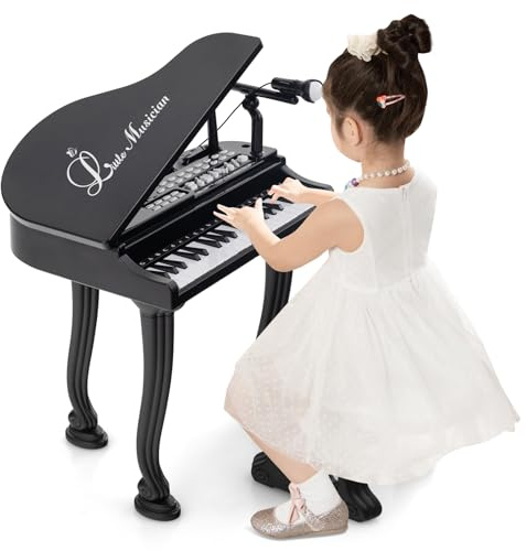 COSTWAY Pianoforte per Bambini a 37 Tasti, Set Pianoforte con Microfono Regolabile, Giocattolo Musicale Bambini, con Funzione di Registrazione e Riproduzione, per Ragazzi 3+ Anni (Nero)