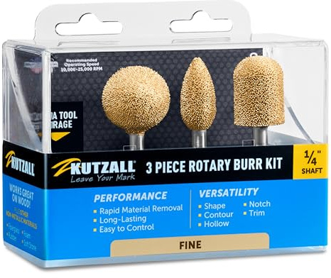 Kutzall 3-Piece Rotary Burr Kit - 1⁄4 Shaft, Fine - Woodworking Attachment for Bosch, DeWalt, Makita, Milwaukee Tools - Structured Tungsten Carbide (14FKIT01)