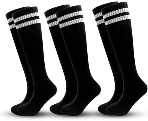 ZXOLDZX 3 Pairs Kids Soccer Socks Striped Knee High Tube Socks Football Uniform Sports Socks for Boys Girls 6-12 Years Old (US, Alpha, One Size, Regular, 3pairs-black)