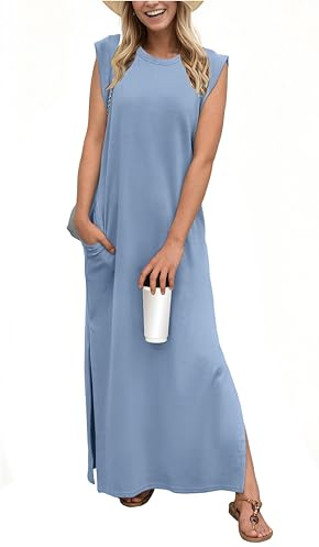GRECERELLE Women's Summer Casual Loose Split Long Maxi Sun Dress with Pockets (Medium, Denim Blue)