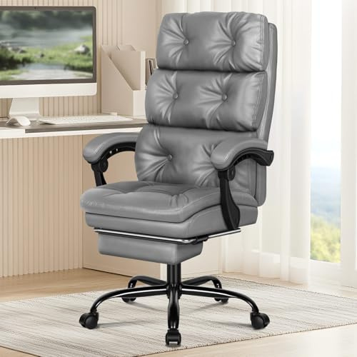 ALFORDSON Silla Ergonómica Escritorio con Ruedas y Reposabrazos, Silla Oficina Ejecutiva Acolchado Reclinable con Reposapiés, Chair de Ordenador Giratoria con Cojín Grueso, Cuero PU(Gris)