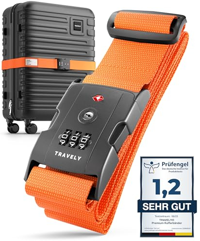 TRAVELY Koffergurt mit TSA Schloss - Einfach verstellbar & robust - Inklusive Namensschild - Passend für Handgepäck bis Übergröße I Kofferband Gurt, kofferband mit Schloss, kofferband auffällig