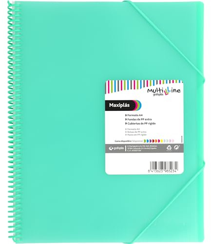 Grafoplas - Carpeta Fundas Plastico a4, Verde Mint, 40 Fundas Transparentes Polipropileno Extra, Espiral PVC, Maxiplás Multiline, Perfecta para Archivar Documentos y Apuntes