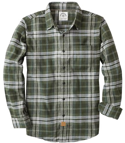 Dubinik® 6 oz Camisa de Franela para Hombre 100% Algodón Cuadros Casual Manga Larga con Bolsillo Verde Oliva Blanca L