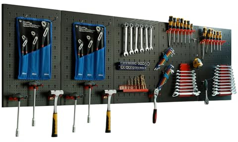 CCLIFE Estantería de bricolaje para pared para herramientas 5 piezas con 43 Soportes Panel perforado para Taller 200 x 60 x 2 cm