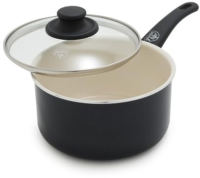 GreenLife 2.5QT Nonstick Saucepan with Glass Lid, Soft Grip, PFAS-Free Ceramic, Multipurpose Chef Pan, Milk & Sauce Cooking Pot, Dishwasher & Oven Safe to 350˚F, Stay-Cool Handle, Black