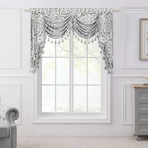 TOPLUXE Cascade Valance Curtains for Windows, Fringed Damask Valance, Short Curtains for Bedroom Living Room Kitchen (Width 59, Gray & White)