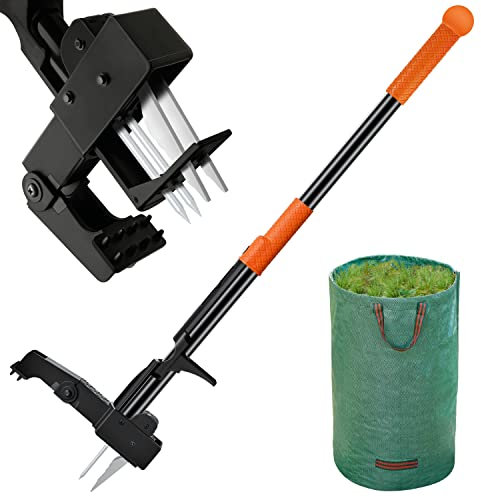 Weed Remover Tool 4 Claws High-Strength Stainless Steel - 1m Long Handle Stand-up Gardening Weed Puller with Leaf Bag, Ergonomically Designed to Easily Remove Weeds Without Bending or Kneeling