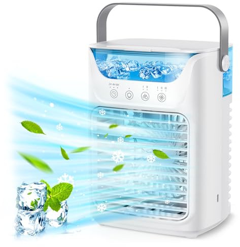 Bärbar Luftkonditionering, 4 i 1 Evaporativ Luftkylare med 3 Hastigheter, 2/4/6H -timer, 2 Dim & 7 Nattljus, 700 Ml Minikylfläkt, Bärbar AC -enhet för Sovrum, Hem, Kontor