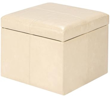 Adeco Modern Faux Leather Cube Storage Ottoman Bench, Warm Beige, Sturdy Footrest with Hidden Storage for Living Room, Bedroom, Entryway - 17.3 Cube, Comfortable Seating