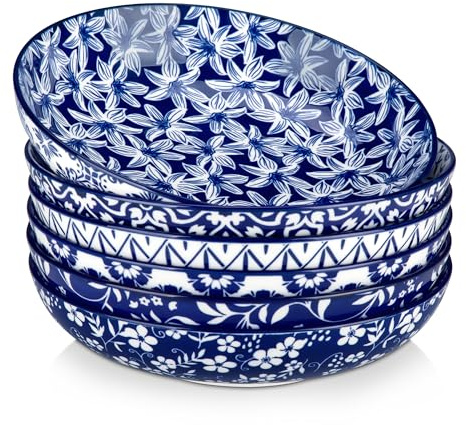 vancasso 50 oz Large Pasta Bowls Set of 6, Porcelain Serving Bowls, 9.5 Inch Wide Shallow Salad & Soup Bowls, Kitchen Pasta Plates, Microwave and Dishwasher Safe, Blue White Floral Design