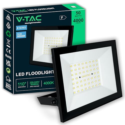 V-TAC Faro LED da Esterno 50W - [ E-Series - Alte Perfomance, Bassi Consumi ] - 4000 Lumen - Super Slim Design - IP65 - Proiettore per Casa, Garage, Magazzino - Impermeabile - Luce Naturale 4000K