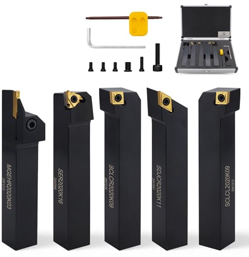 10 pezzi Professionale Tornio Metallo con Inserti a Carburo,gambo da 20 mm, 5 Portautensili + 5 Inserti Indicizzabili per Acciaio e Ghisa, Kit Utensili Tornitura CNC con Valigetta Alluminio
