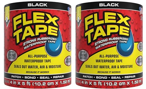 Flex Tape, Original Thick Flexible Rubberized Waterproof Tape - Seal and Patch Leaks, Works Underwater, Indoor Outdoor - Home RV Roof Plumbing and Pool Repairs, Black, 4 in x 5 ft, Pack of 2