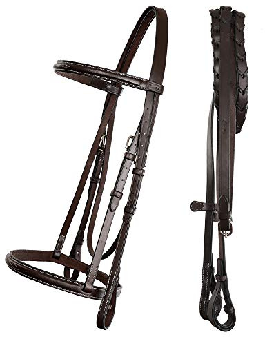Exion Snap-On Jumping Bridle for Horse, Snap-on Cheek Piece and Crown Peice with Soft Linned Browband, Flash Noseband and Rubber Rein in Brass Buckles