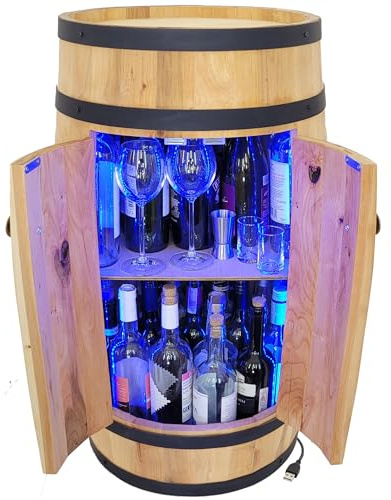 weeco Tonneau en Bois avec 4 Roues, Portes et éclairage USB RGB. Étagère en Bois de hêtre Solide et Renforts en métal - Tonneau Bar - Casier à Vin - Armoire de Bar (Marron Clair/chêne)