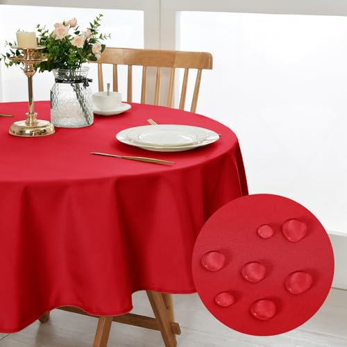 DWCN Rot Tischdecke Rund 120cm,Fleckschutz Abwaschbar Tischwäsche Wasserdicht Tischtuch für Esszimmer,Garten,Party,Hochzeiten oder Haushal