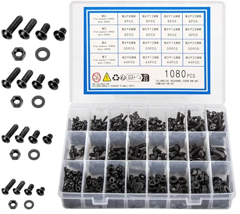 KOXXIAMOQ Assortiment de Vis à Filetage M3 M4 M5 M6 - Ensemble à Tête Cylindrique à Six Pans Creux, Écrous et Rondelles - 1080 Pièces