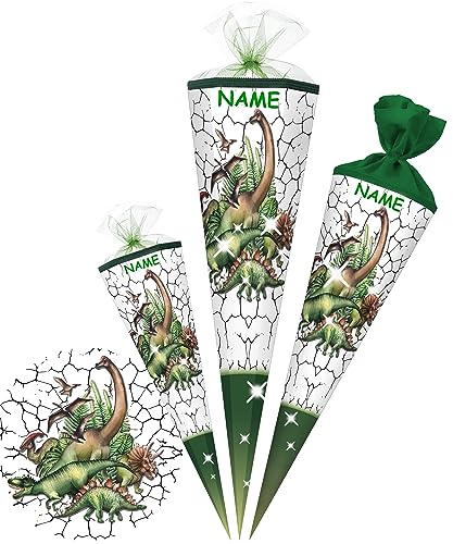 alles-meine.de GmbH Schultüte - mit 3D Glitzer - Effekt ! Dinosaurier/Dino 35-100 cm Größe wählbar inkl. Name - Zuckertüte - Tüllabschluß/Filzabschluß - eckig/Run..