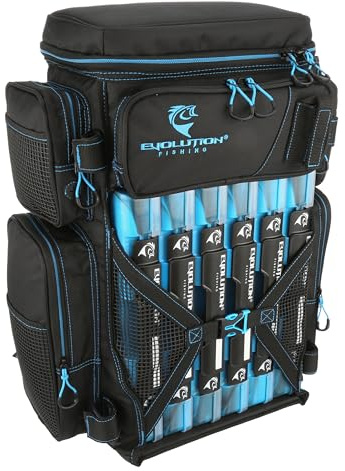 Evolution Fishing Drift Series 3700 Tackle Backpack with QuikLatch System & 2 Rod Holders – Blue, Heavy Duty Fishing Backpack w/ 6 Tackle Trays