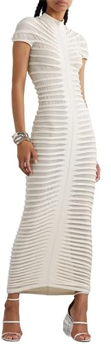 Atyfuniby Womens Sweater Bodycon Dresses Short Sleeve Crochet Knit Tube Sheer Stripe Mock Neck Midi Dress White M