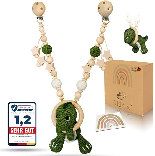 ARIASO® Kinderwagenkette - Dino- Design aus Holz und Baumwolle gehäkelt - Geschenk zur Geburt für Mädchen und Jungen ab 0+ Monate - inkl. Geschenkkarte