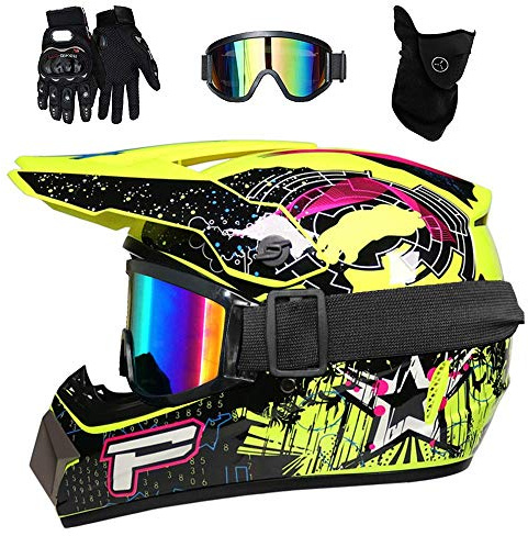 Unisex Full Face MTB Motocross Helmet, with Goggles Gloves Mask, Youth Kids Fashion Off Road Sport Motorbike ATV Scooter Helmet, Downhill Enduro BMX Quad Dirt Bike Crash Helmet ( Color : Yellow , Size