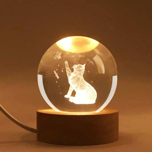 Neioaas Sfera di Cristallo 3D a Forma di Gatto, 6 cm, 3 Colori, Luce Notturna Animale Con Base in Legno a LED, Decorazione 3D Incisa, Regalo per Bambini e Amici